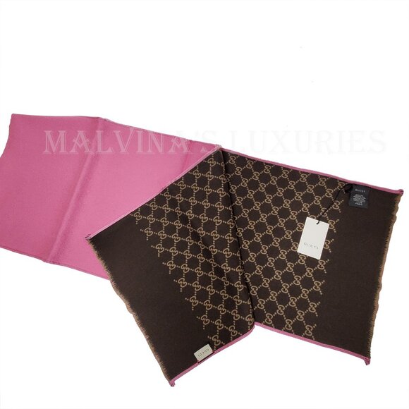 GUCCI SCARF REVERSIBLE PINK GG MONOGRAM LOGO WOOL SILK 71" - Picture 6 of 16